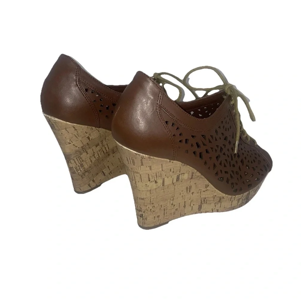 Women's Brown Lace Up Wedge Sandals Size 10 Peep Toe shoes